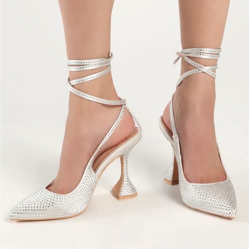 Kayka White Rhinestone Lace-Up Pointed-Toe Pumps